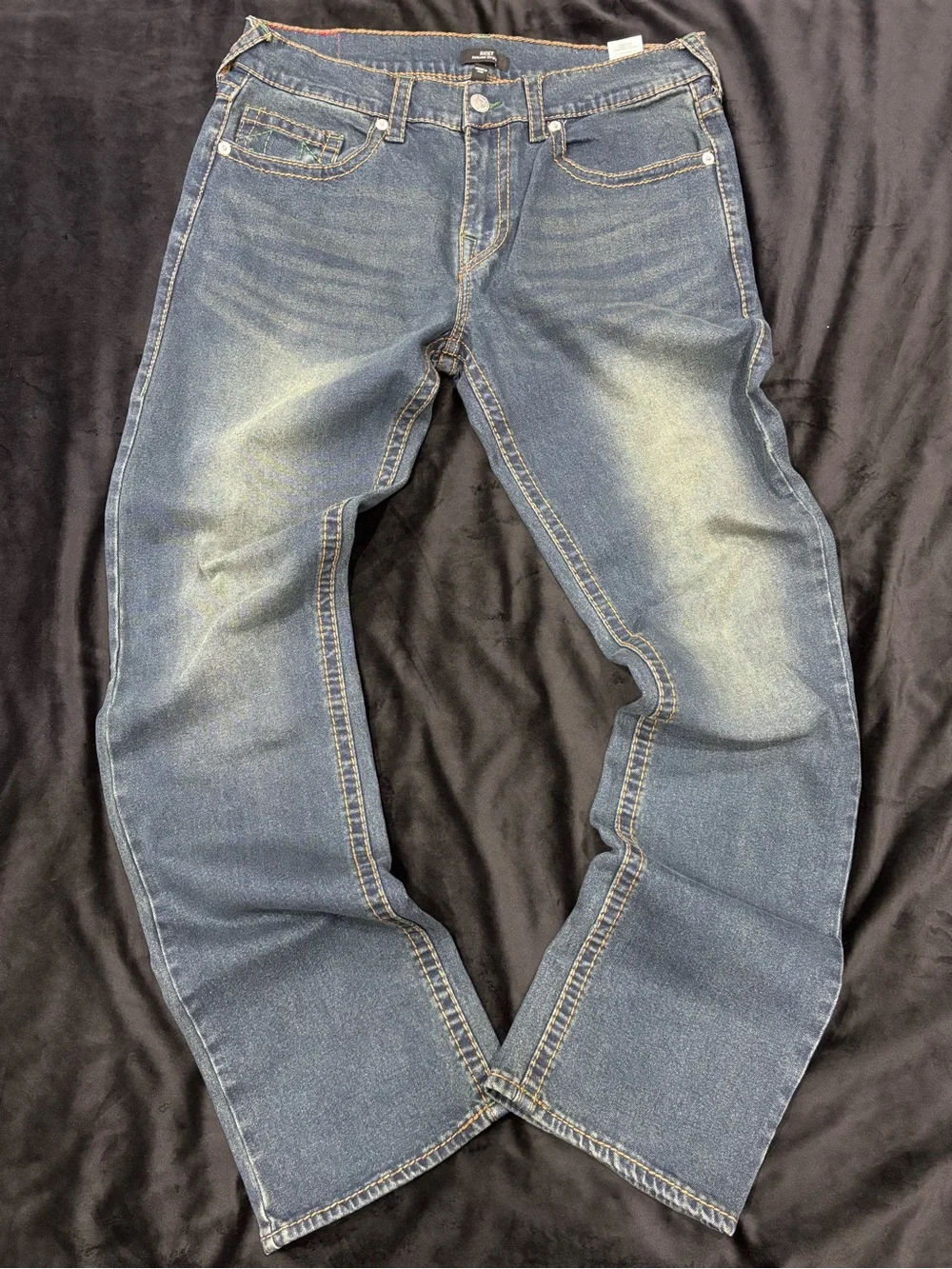 True Religion Blue Jeans with Green Stitching Accent